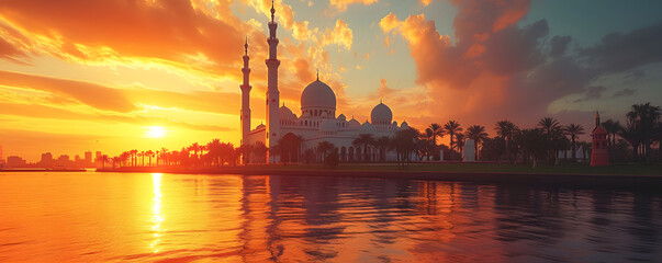 A beautiful mosque standing against a stunning sunset sky, representing the peaceful and spiritual atmosphere of Islamic culture. - obrazy, fototapety, plakaty