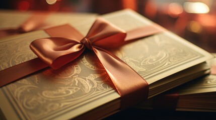 A close-up view of a book with a decorative bow. Perfect for gift-giving or showcasing a special...