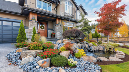 House exterior with beautiful front yard landscape with rocks and fountain - obrazy, fototapety, plakaty