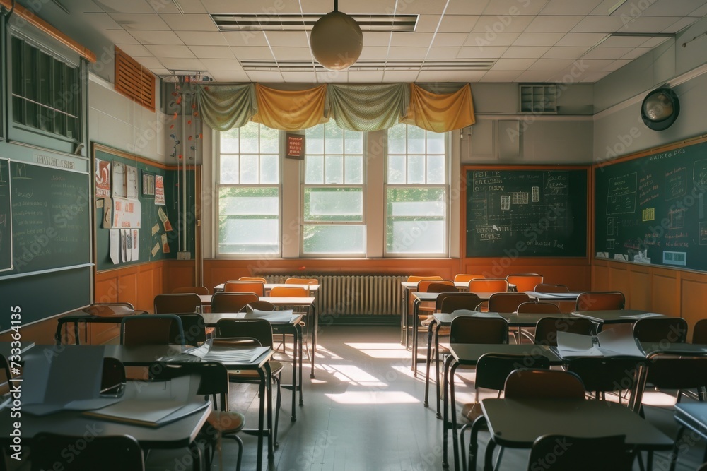 Poster An empty classroom with desks and chairs. Suitable for educational concepts or school-related themes
