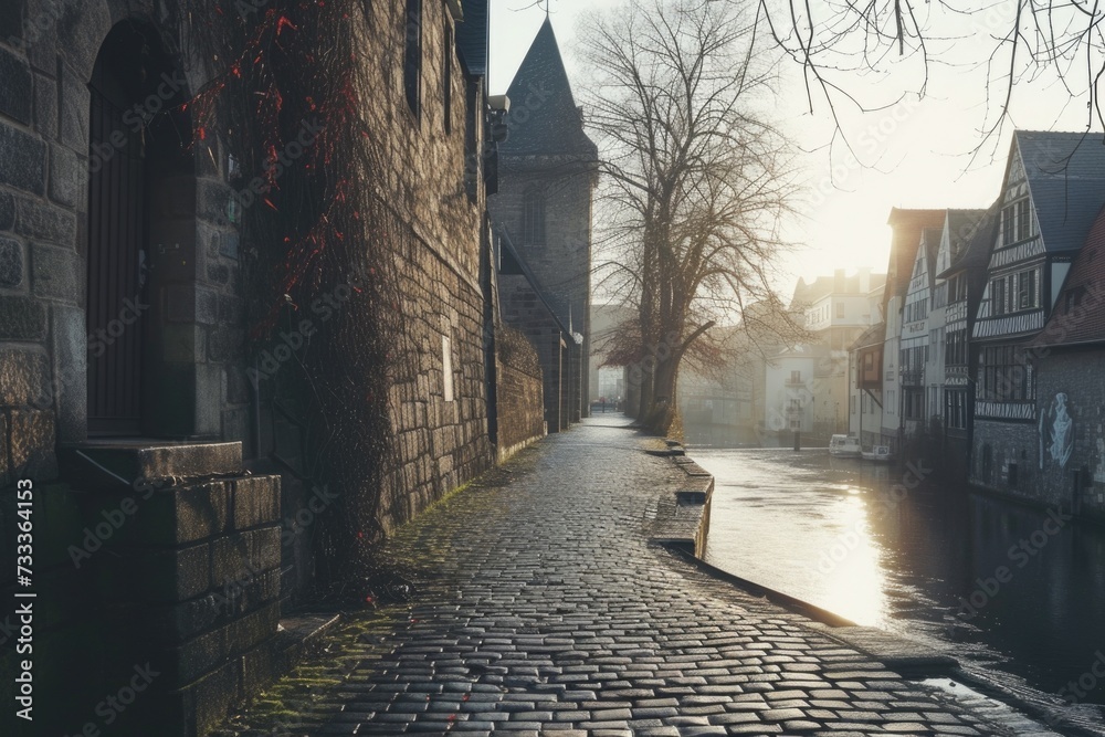 Poster A picturesque cobblestone street with a charming bench on the side. Perfect for adding a touch of nostalgia and tranquility to any project