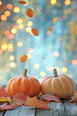 Two small pumpkins sitting on top of a wooden table. Perfect for autumn and Halloween-themed projects