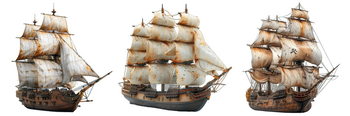 old sailboat isolated on transparent background ,old pirate ship png ,generative ai