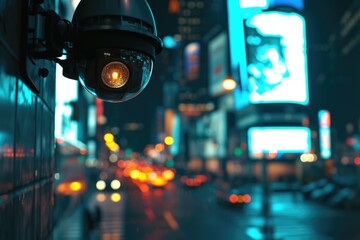 A camera is mounted on the side of a building. Can be used for surveillance or security purposes - Powered by Adobe