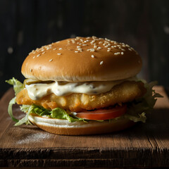 a photo of burger fillet fish on a wooden table