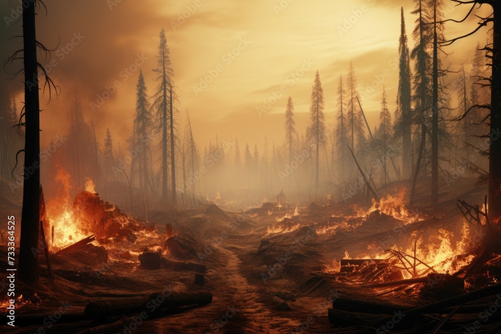 Poster a raging fire engulfs a dense forest, surrounded by towering trees. ideal for illustrating the destr