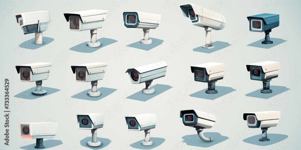 Poster a collection of various types of surveillance cameras. perfect for illustrating security, monitoring