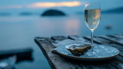 Obraz premium Luxory dinner with oyster food on sea beach near water wallpaper background 