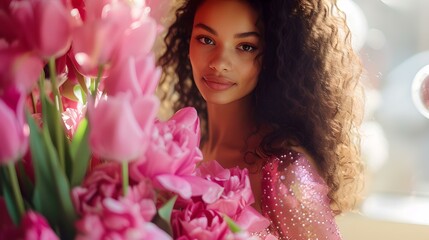 Naklejka premium Serene young woman admiring spring blooms, pastel tones and soft focus for calming imagery. ideal for wellness and lifestyle content. AI