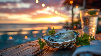 Fototapeta premium Luxory dinner with oyster food on sea beach near water wallpaper background 