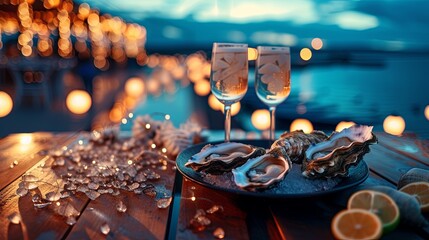Luxory dinner with oyster food on sea beach near water wallpaper background
