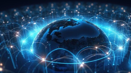 Naklejka na ściany i meble Illustration of a digital globe with glowing network connections, symbolizing global communication and data exchange.
