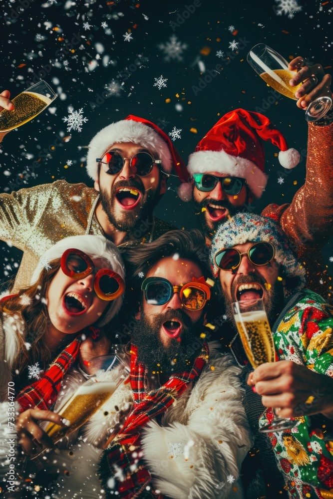 Poster a group of people wearing santa hats and sunglasses. perfect for holiday parties and festive events