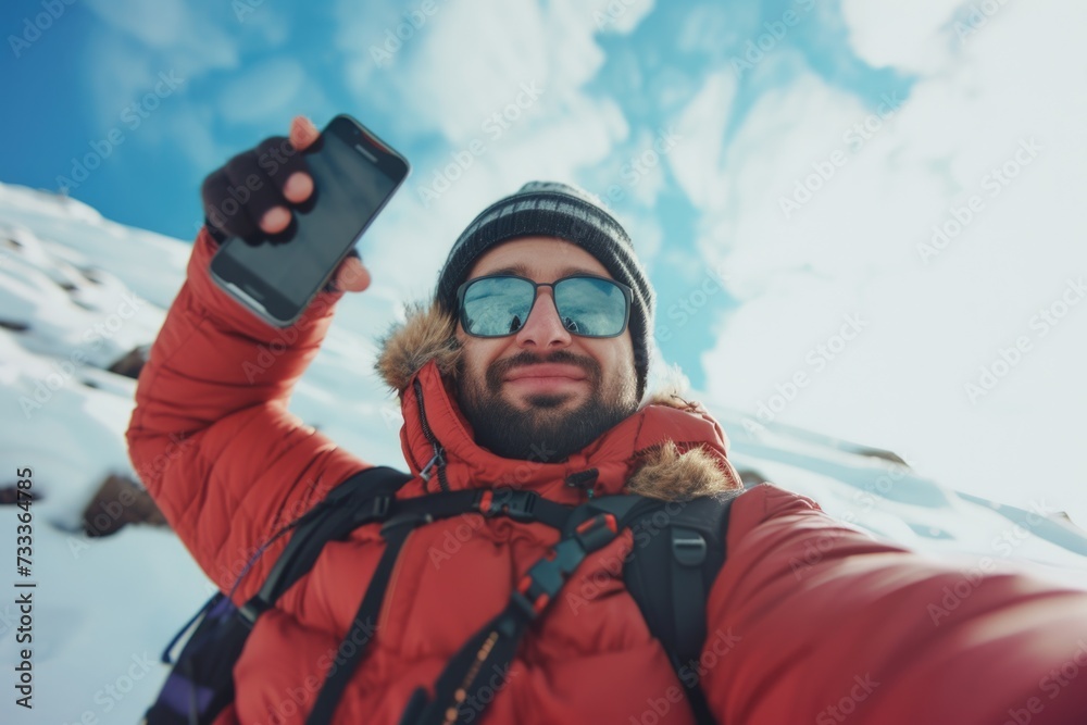 Poster a man using his cell phone to take a selfie. perfect for social media posts and capturing memories