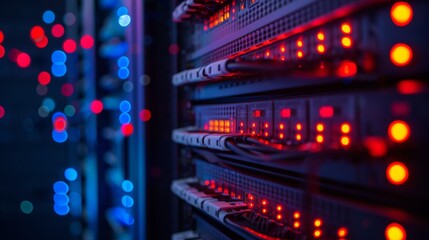 Close-up of network server equipment with glowing fiber optic cables in a modern data center.