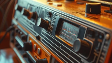 A detailed close up of a vintage radio sitting on a wooden table. Perfect for illustrating nostalgia or retro themes - obrazy, fototapety, plakaty