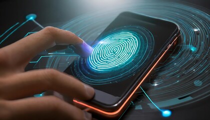 A close-up of a fingerprint scanning phone unlocking with a futuristic animation.