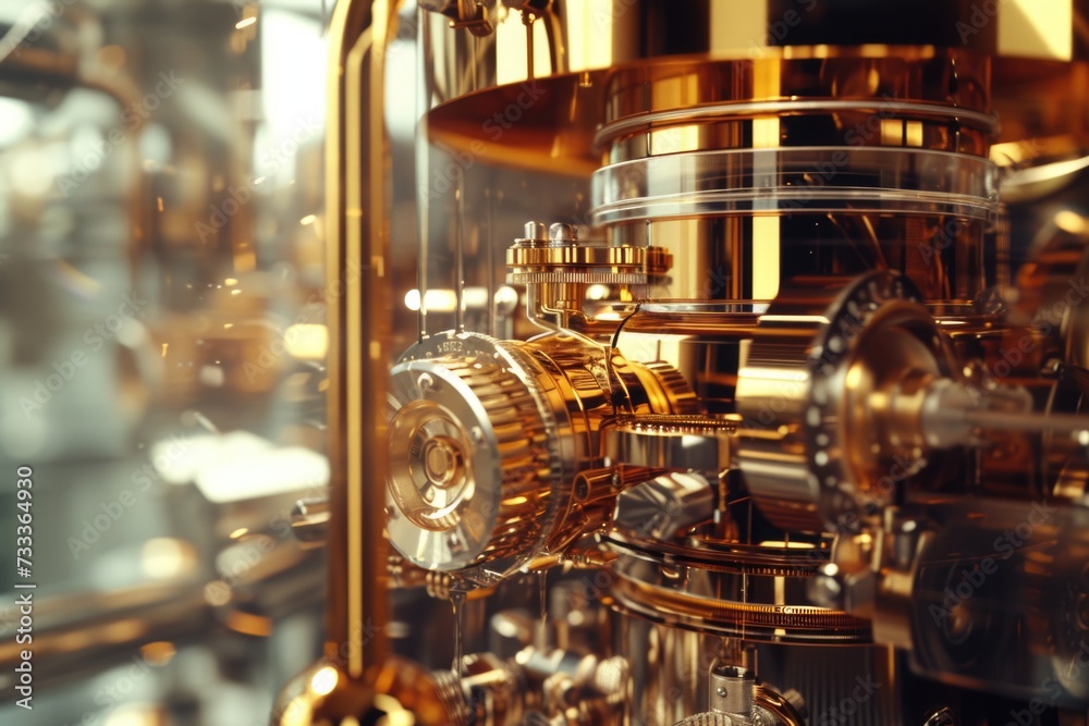 Poster A detailed close-up of a machine with numerous gears. This image can be used to depict precision engineering, industrial processes, or the inner workings of a mechanical system.