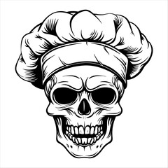 Vector illustration of a skull wearing a chef hat in monochrome, generative ai, isolated on white background.