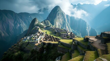 Majestic machu picchu under morning light, surrounded by andean mountains. iconic incan citadel landscape. historic ruins with stunning scenery. travel and heritage. AI - obrazy, fototapety, plakaty