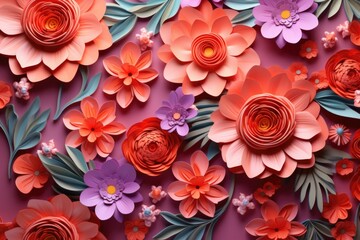 A bunch of paper flowers on a vibrant purple surface. Perfect for adding a pop of color to any project or design