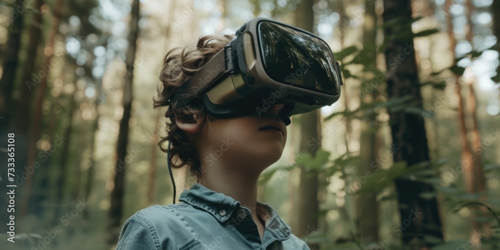 Poster a boy is pictured wearing a virtual reality headset in the woods. this image can be used to illustra