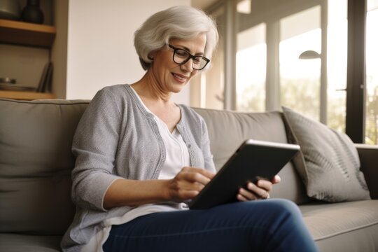 A woman sitting on a couch using a tablet computer. This image can be used to illustrate technology, leisure, or work from home concepts