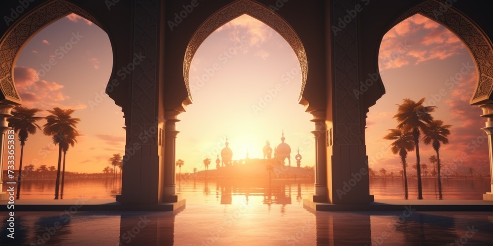 Poster a picturesque view of a sunset seen through an archway. perfect for adding a touch of natural beauty