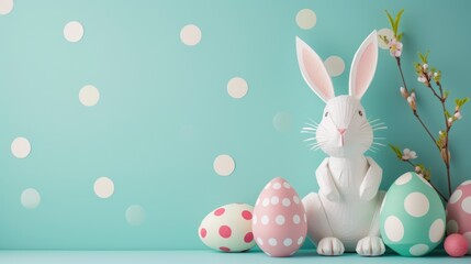 A white rabbit is sitting next to a collection of colorful Easter eggs. This image can be used to add a festive touch to Easter-themed designs