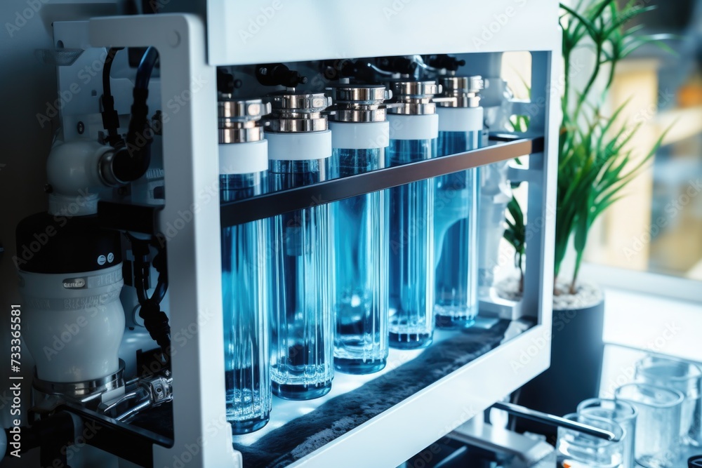 Poster a shelf filled with bottles of water. this image can be used to showcase a variety of water brands o