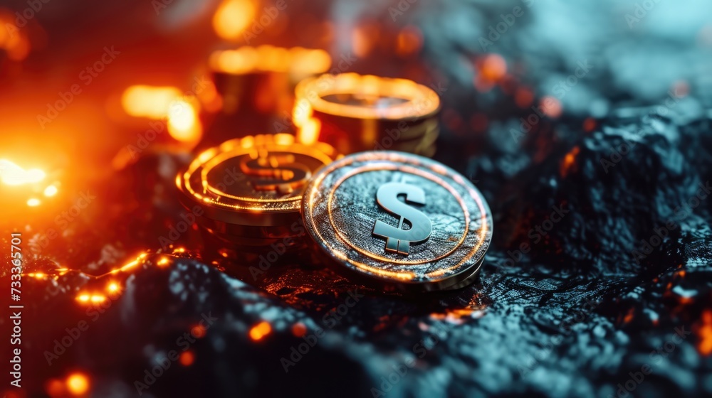 Aufkleber A bitcoin sits on top of a pile of rocks. Ideal for illustrating cryptocurrency concepts and investment in blockchain technology