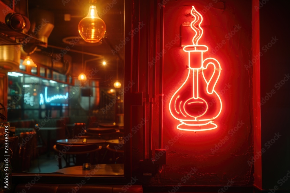 Poster A red neon sign with a hook on it. Perfect for adding a vibrant touch to any space.