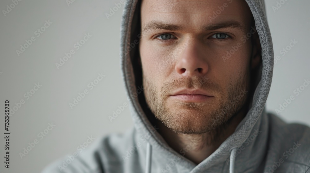 Poster a man wearing a hoodie looking directly at the camera. suitable for various uses