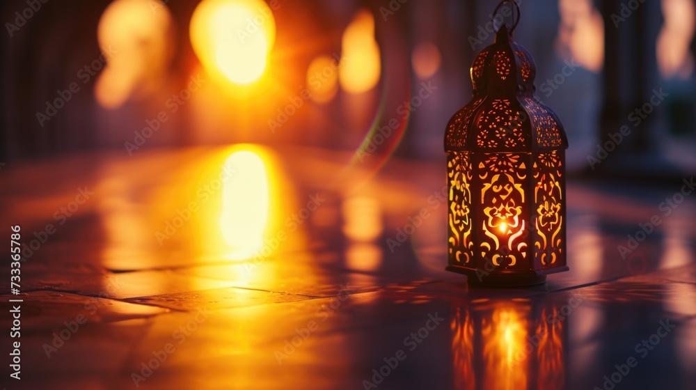 Aufkleber A lit lantern sitting on top of a table. Ideal for adding a warm and cozy atmosphere to any space