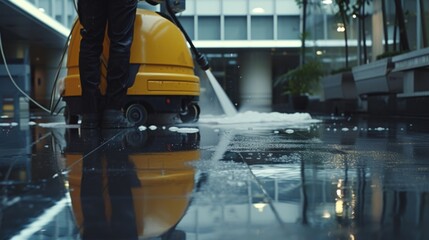 A person using a pressure tool on a wet floor. Suitable for illustrating cleaning, maintenance, and safety precautions
