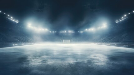 An empty ice hockey rink illuminated by spotlights. Suitable for sports-related designs or articles