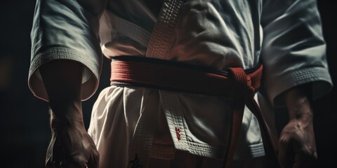 A man wearing a white kimono with a red belt. Perfect for martial arts or cultural-themed designs