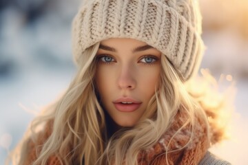 A woman wearing a knit hat and scarf. Can be used for winter fashion or outdoor activities