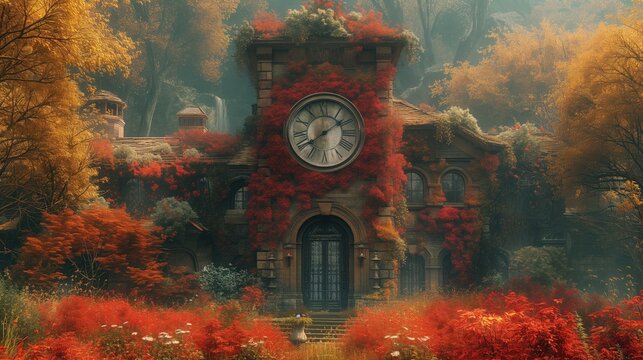 Obraz domu z zegarem. Ściany porośnięte są kolorowymi, pięknymi kwiatami natury