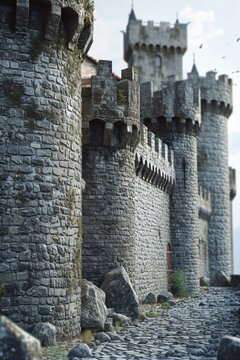A picture of a castle with a stone walkway and a stone wall. Perfect for adding a touch of history and elegance to your projects