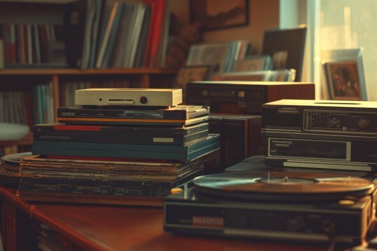 A stack of old record players sitting on top of a wooden table. Perfect for vintage music enthusiasts or retro-themed designs