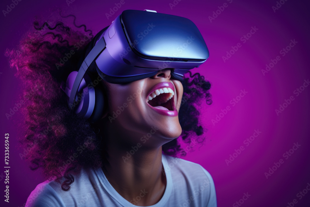 Poster woman wearing a virtual reality headset. can be used to illustrate the concept of virtual reality te