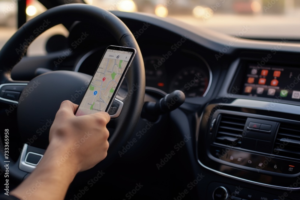 Poster a person using a cell phone while driving a car. suitable for illustrating the dangers of distracted