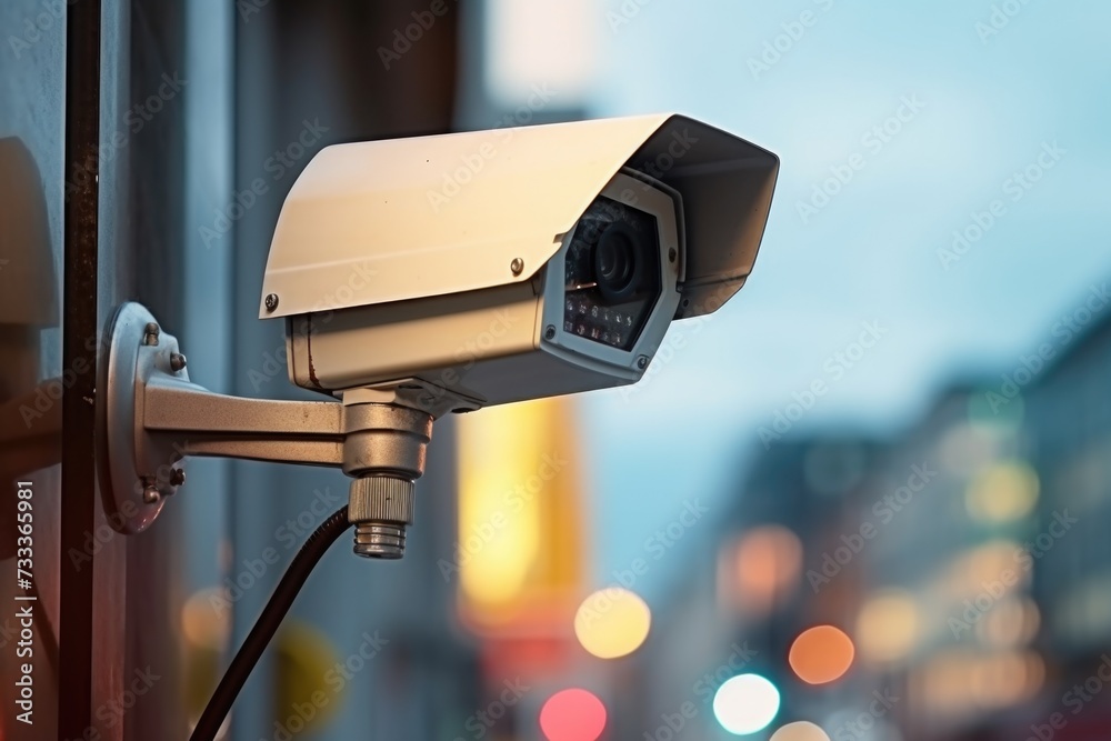 Poster a security camera mounted on the side of a building. ideal for surveillance and monitoring purposes