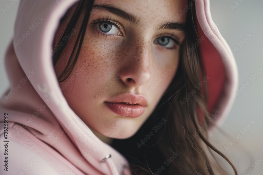Poster a close-up photograph of a person wearing a hoodie. this versatile image can be used for various pur