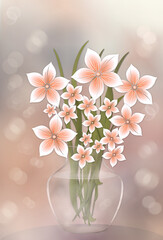 Beautiful bouquet of delicate peach flowers in a glass vase   against light apricot bokeh background. Mothers day Birthday ,spring  or summer greeting concept. Free copy space.