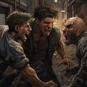 Group of Zombies Attacking Man in Alley. Generative AI.