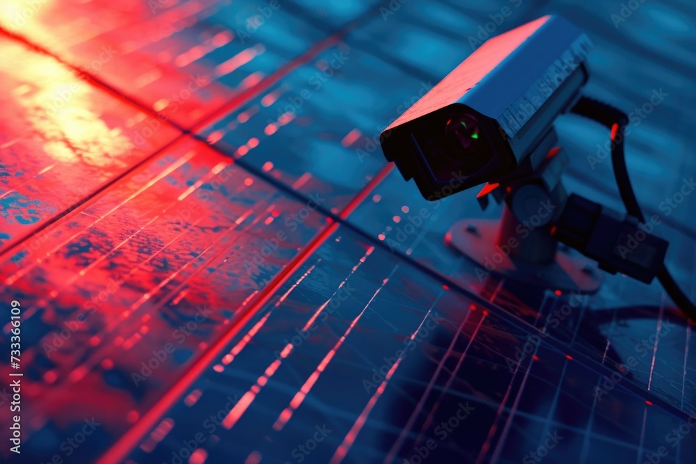 Poster A security camera positioned on top of a tiled floor. Suitable for surveillance or security-related concepts