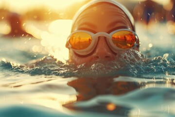 A woman is seen swimming in a pool wearing goggles. This image can be used to depict fitness, leisure, and water activities
