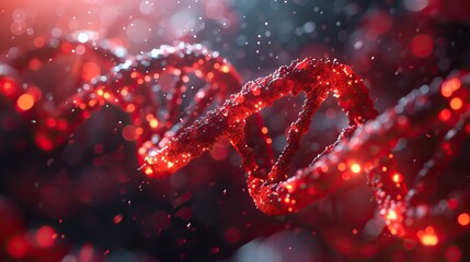 Close-up of a vivid red DNA strand with a sparkling bokeh background, depicting medical and scientific research. - obrazy, fototapety, plakaty